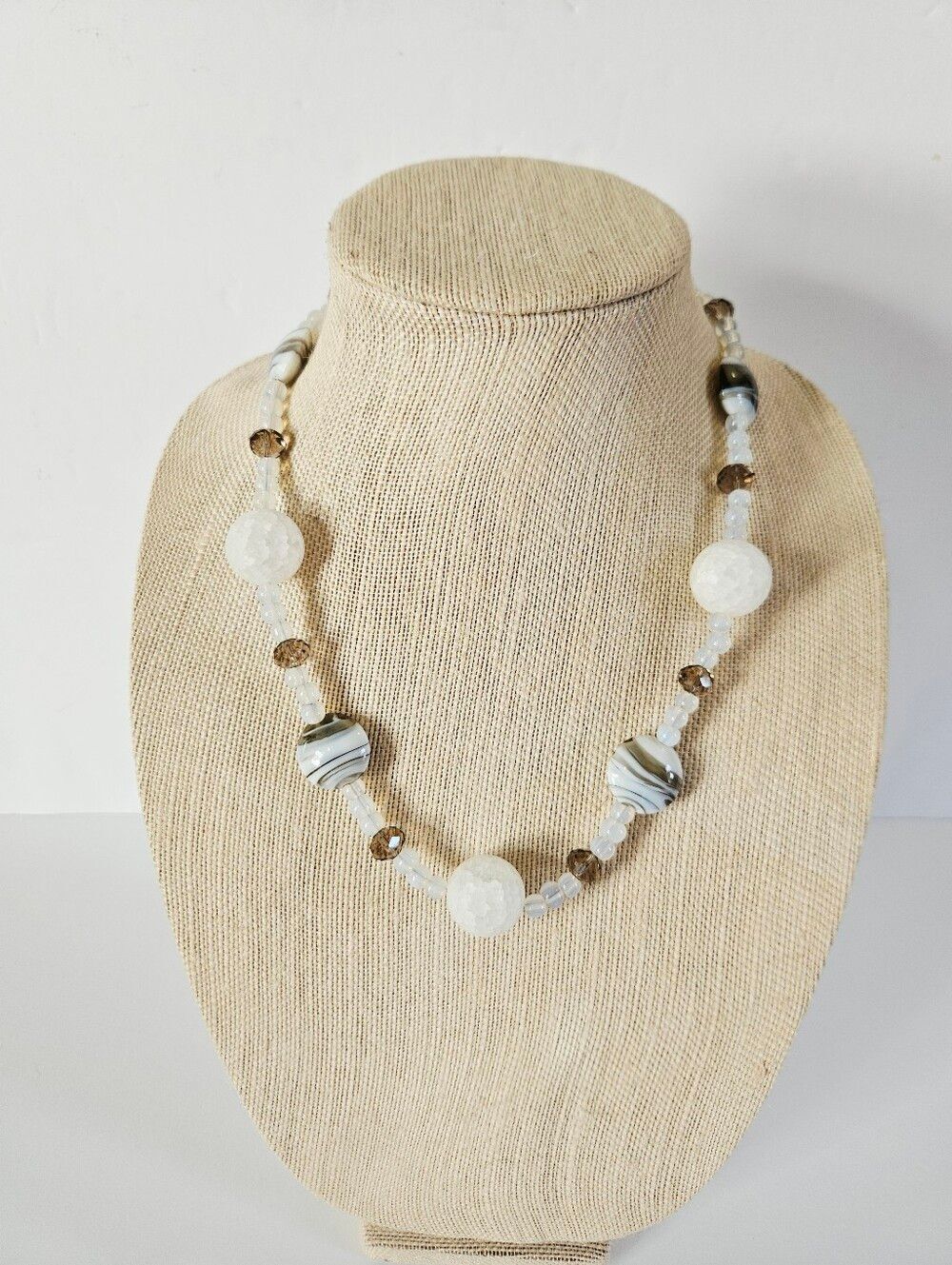 Artisan Round Cracked Quartz Opalite Glass Chunky Beaded Bold Statement Necklace